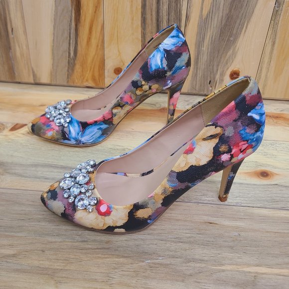 Just Fab Floriana Floral Print Sparkly Heels - Picture 4 of 10